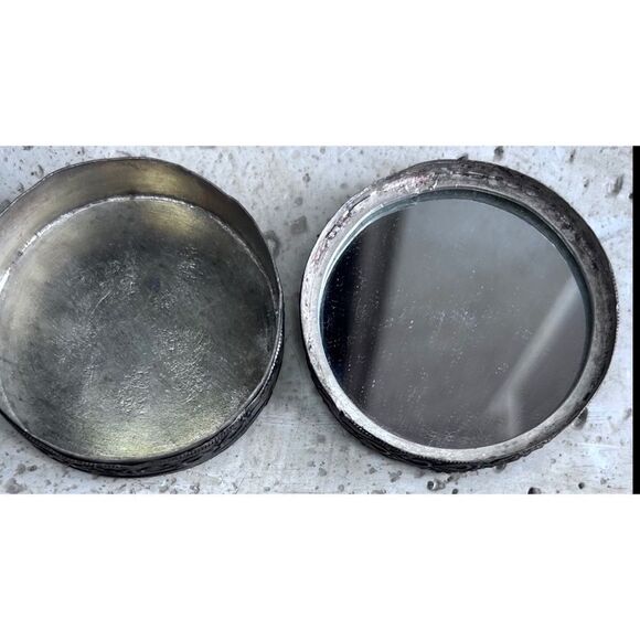 Asian Pewter Pill Case with Mirror Asian woman Sitting on Bench - Picture 4 of 9